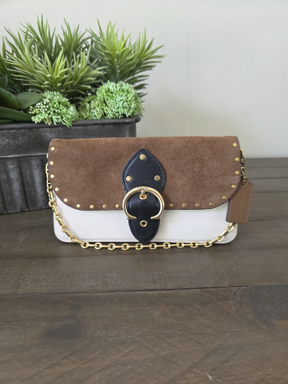 Coach Beat Crossbody Clutch Brown Suede White Leather Rivet Chain Strap - Picture 2 of 16